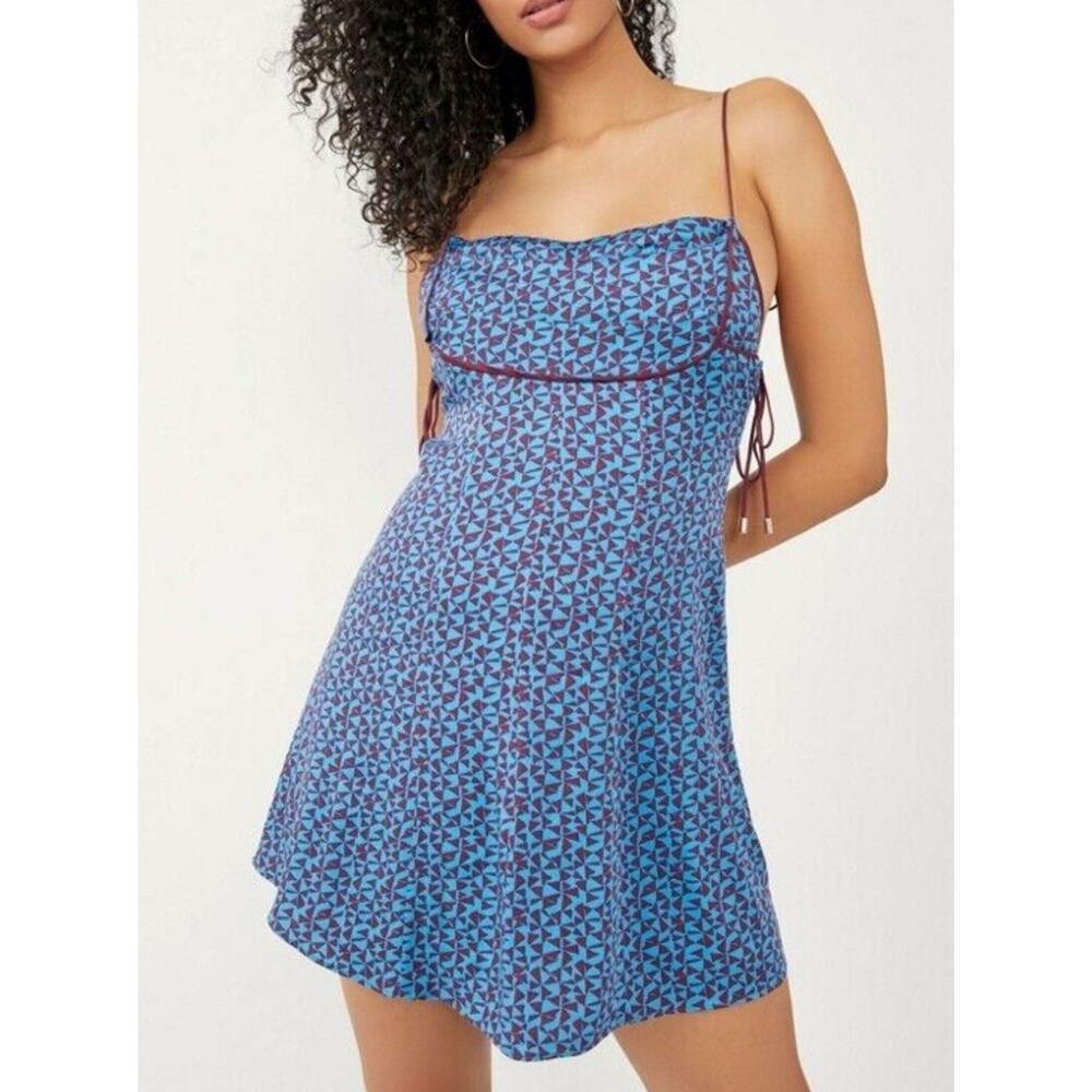 FREE PEOPLE Blue Combo Kai Print Tie Strap Lined Minidress M MEDIUM